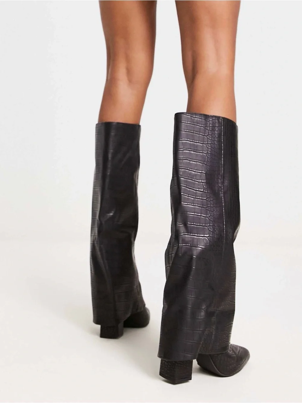 Wide Fit Zendaya matte croc foldover knee boots in black